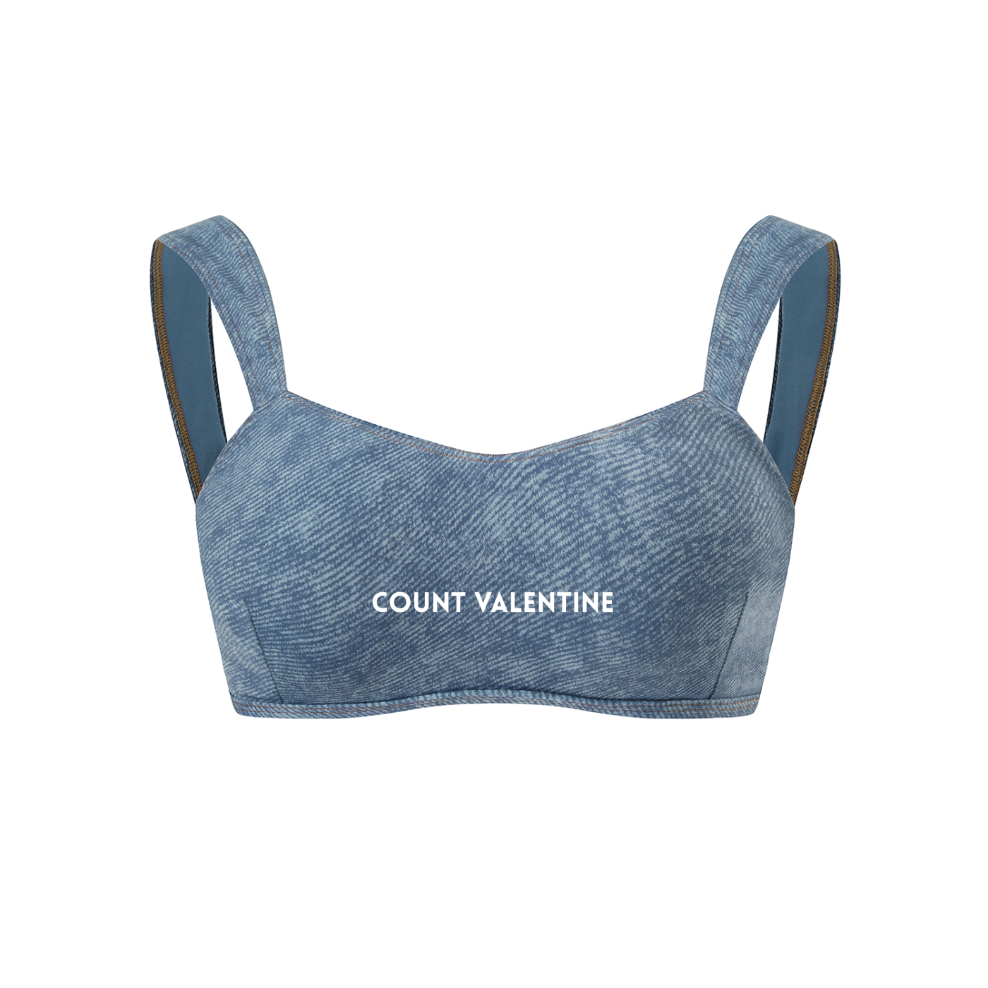 Blue sports bra with 'Count Valentine' branding on a white background