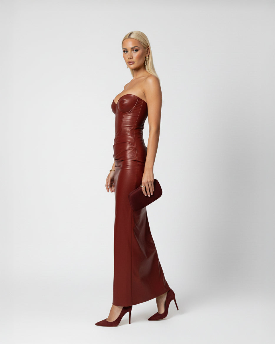 Slit Tube Leather Bodycon Maxi Dress