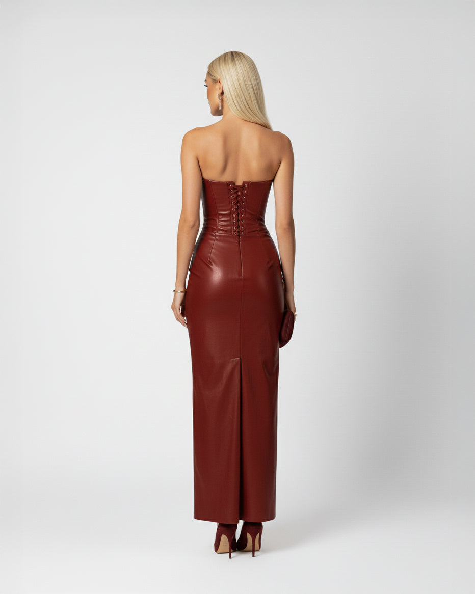 Slit Tube Leather Bodycon Maxi Dress
