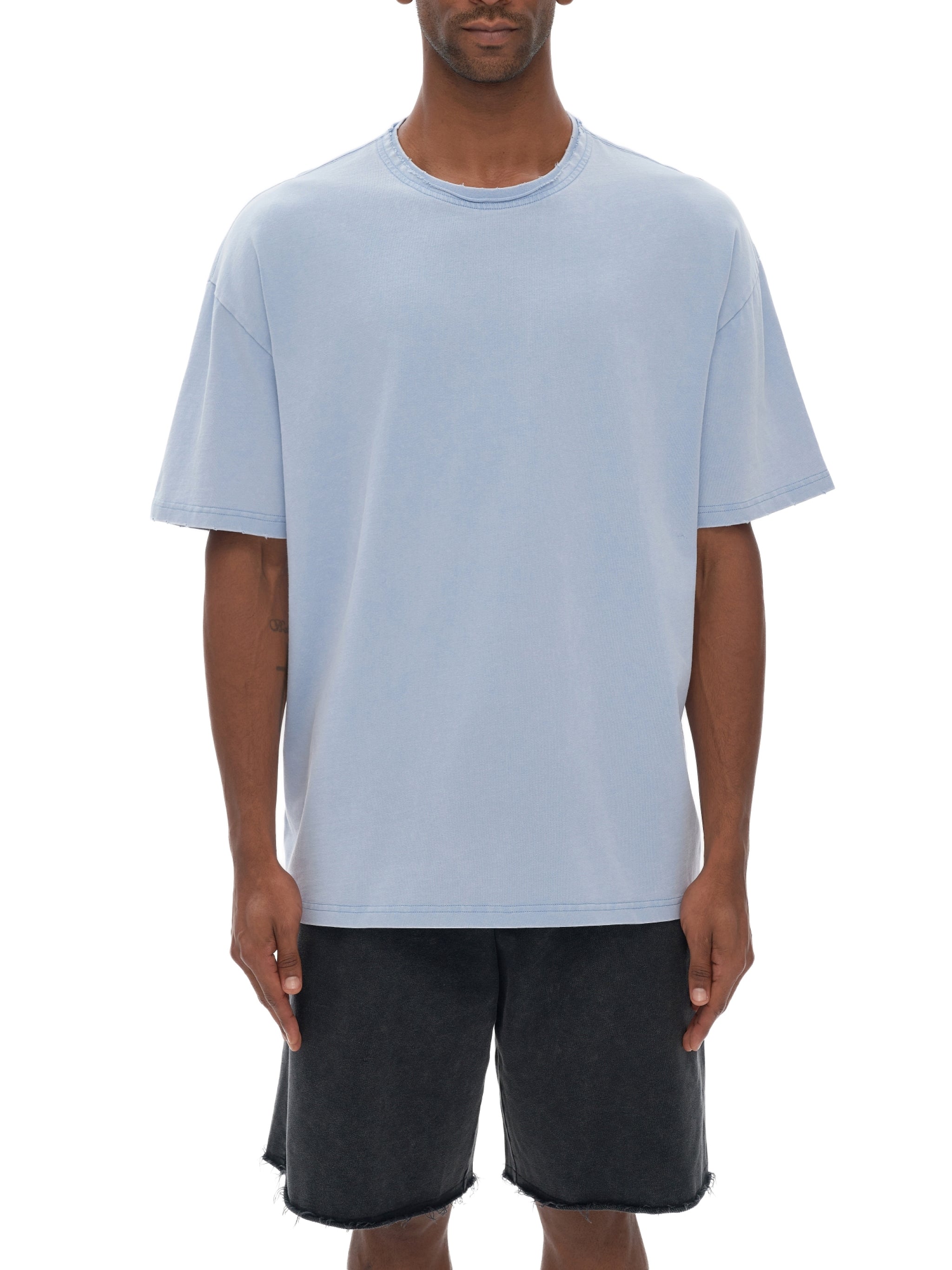 Snow Washed Raw-Edge Neckline T-Shirt
