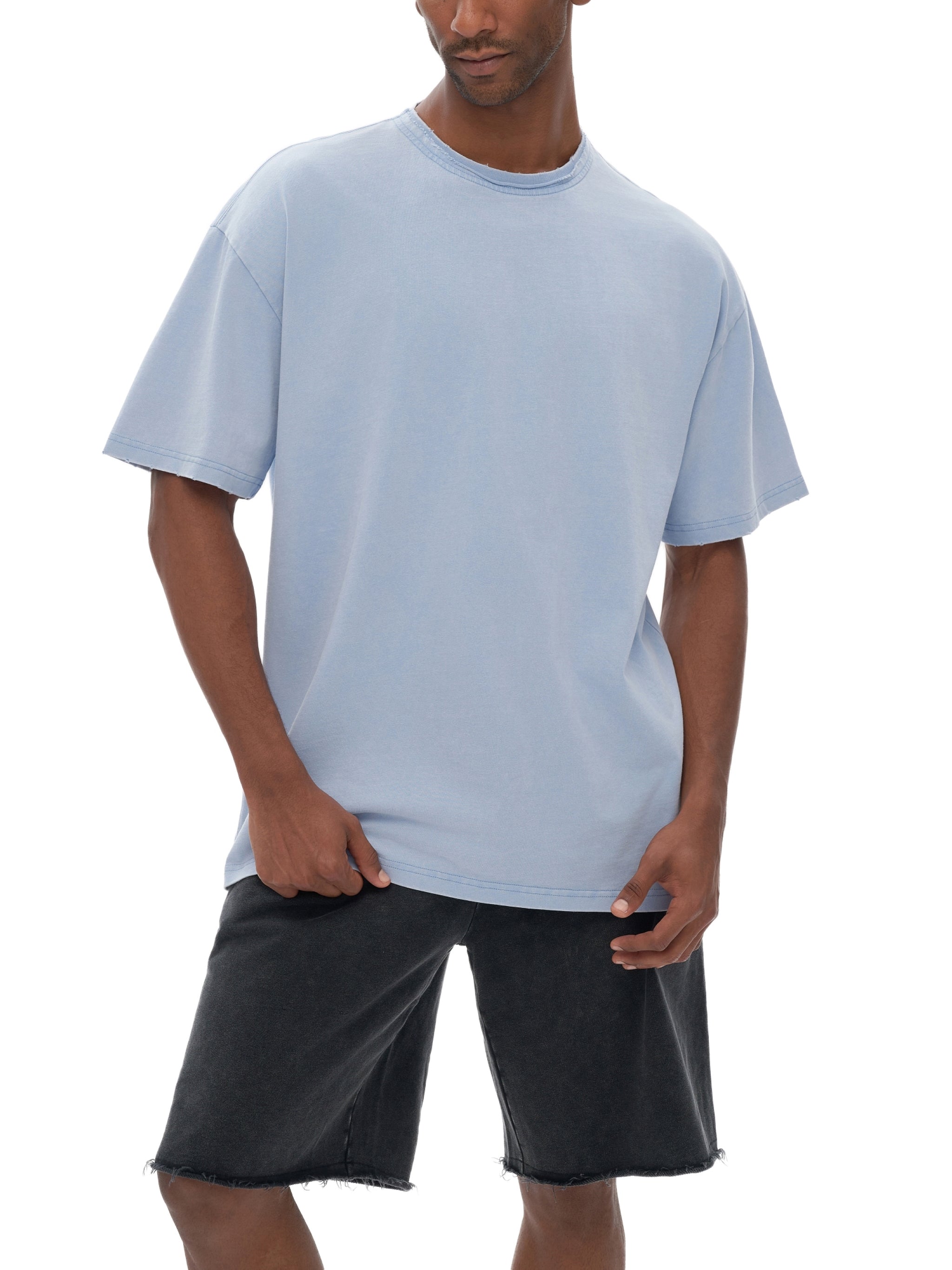 Snow Washed Raw-Edge Neckline T-Shirt