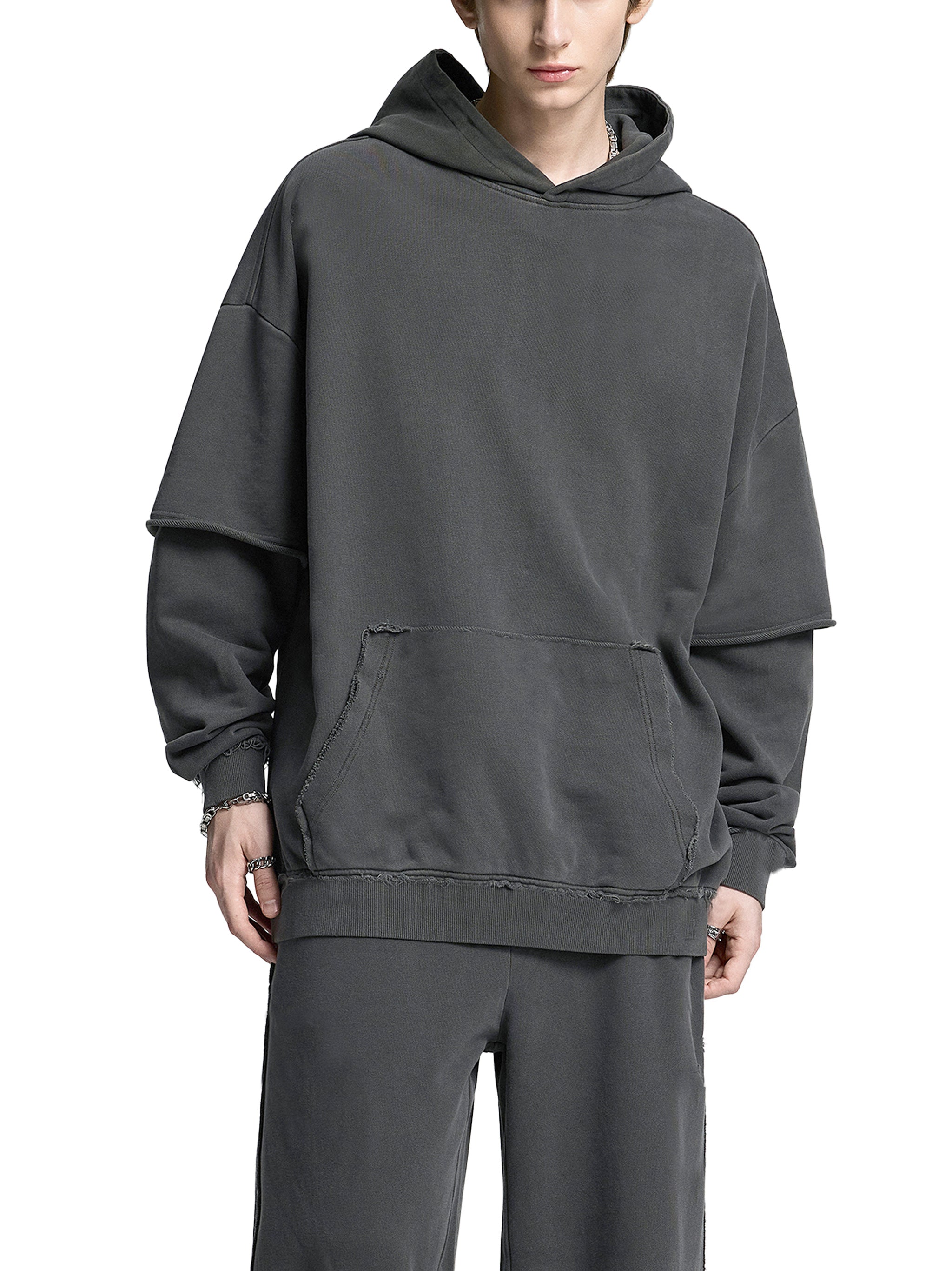 Snow Washed Raw Edge Double Layered Hoodie