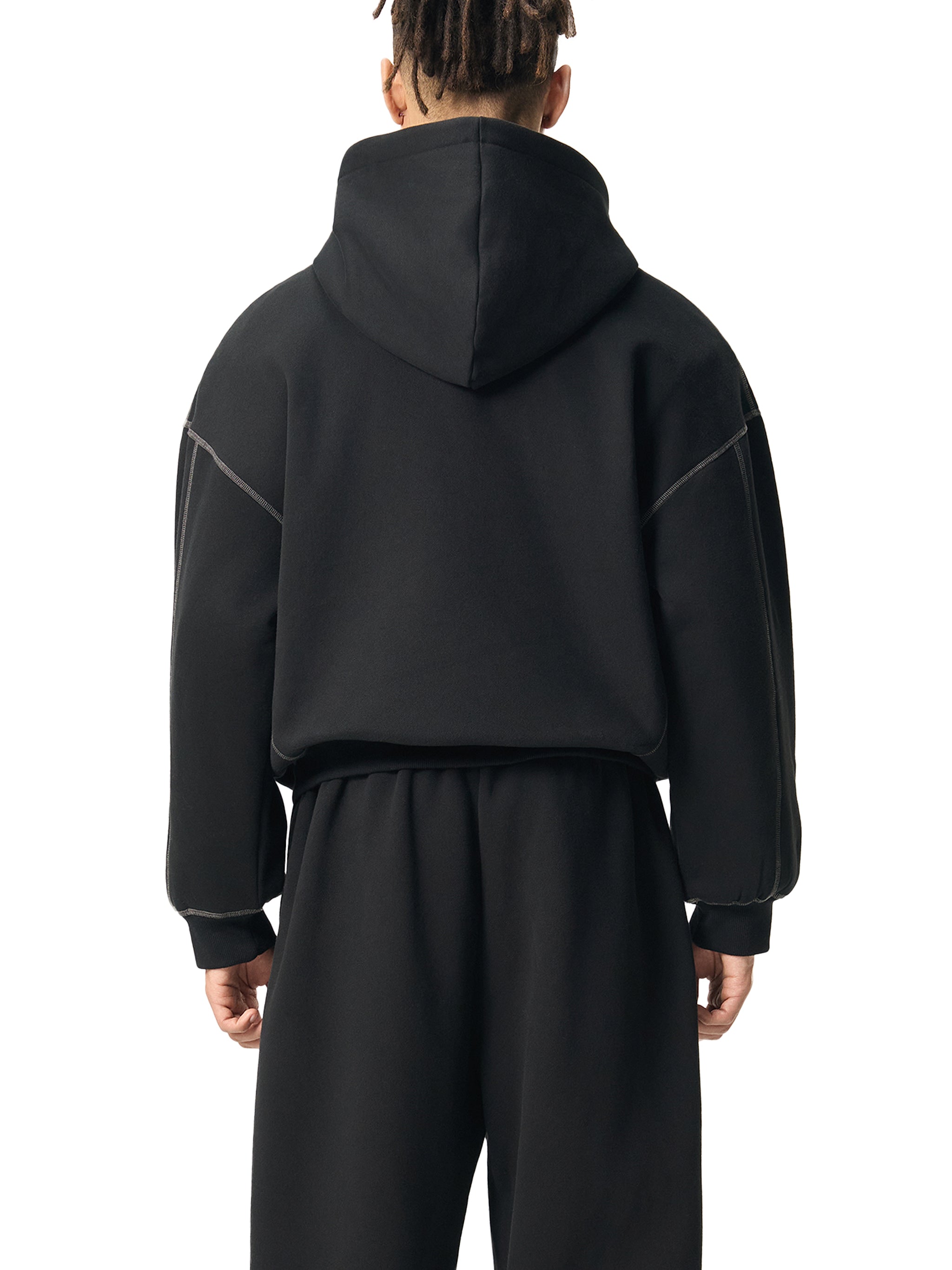 Contrast-Stitched Boxy Fleece Hoodie