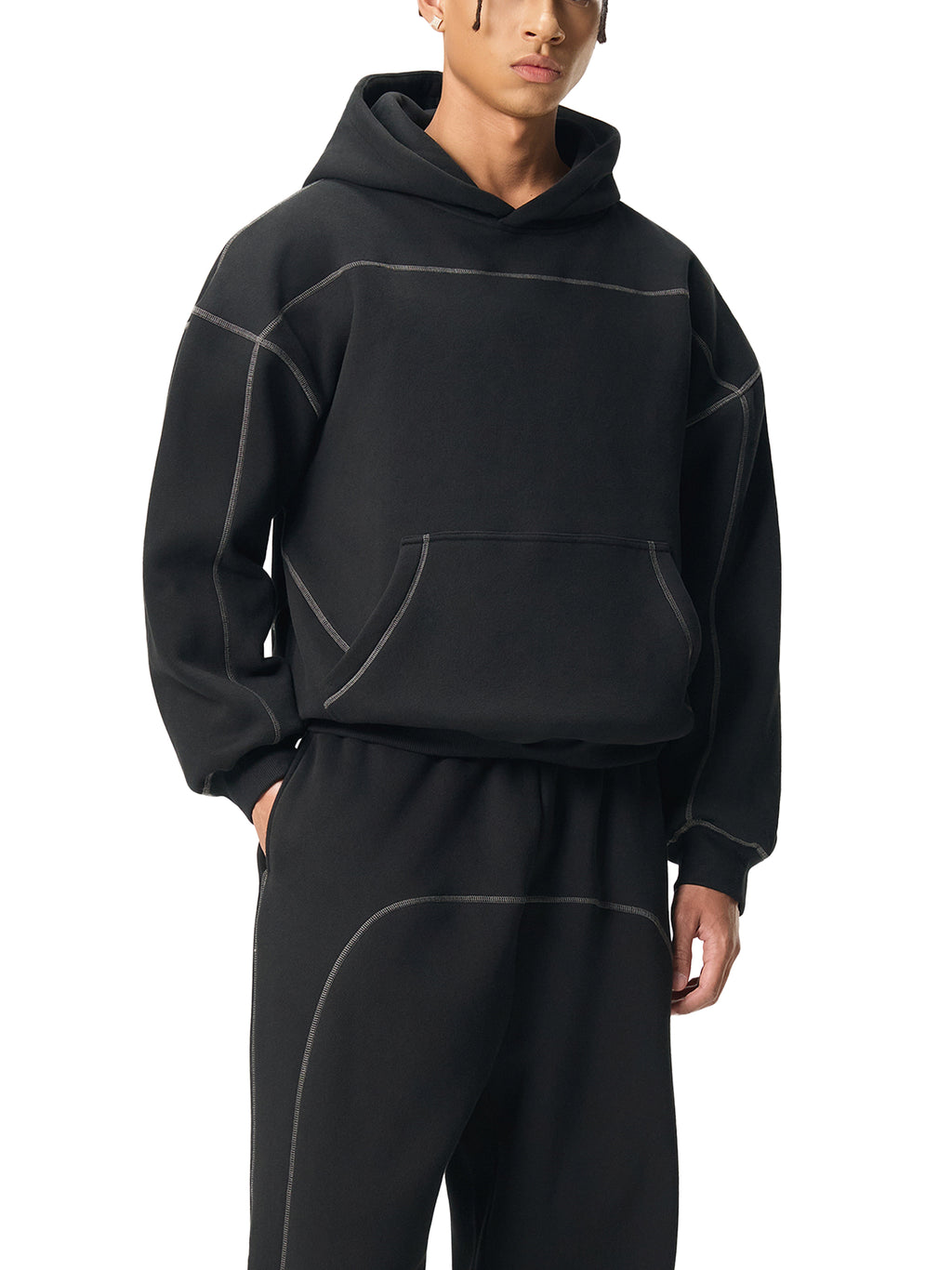 Contrast-Stitched Boxy Fleece Hoodie
