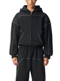 Contrast-Stitched Boxy Fleece Zip Hoodie
