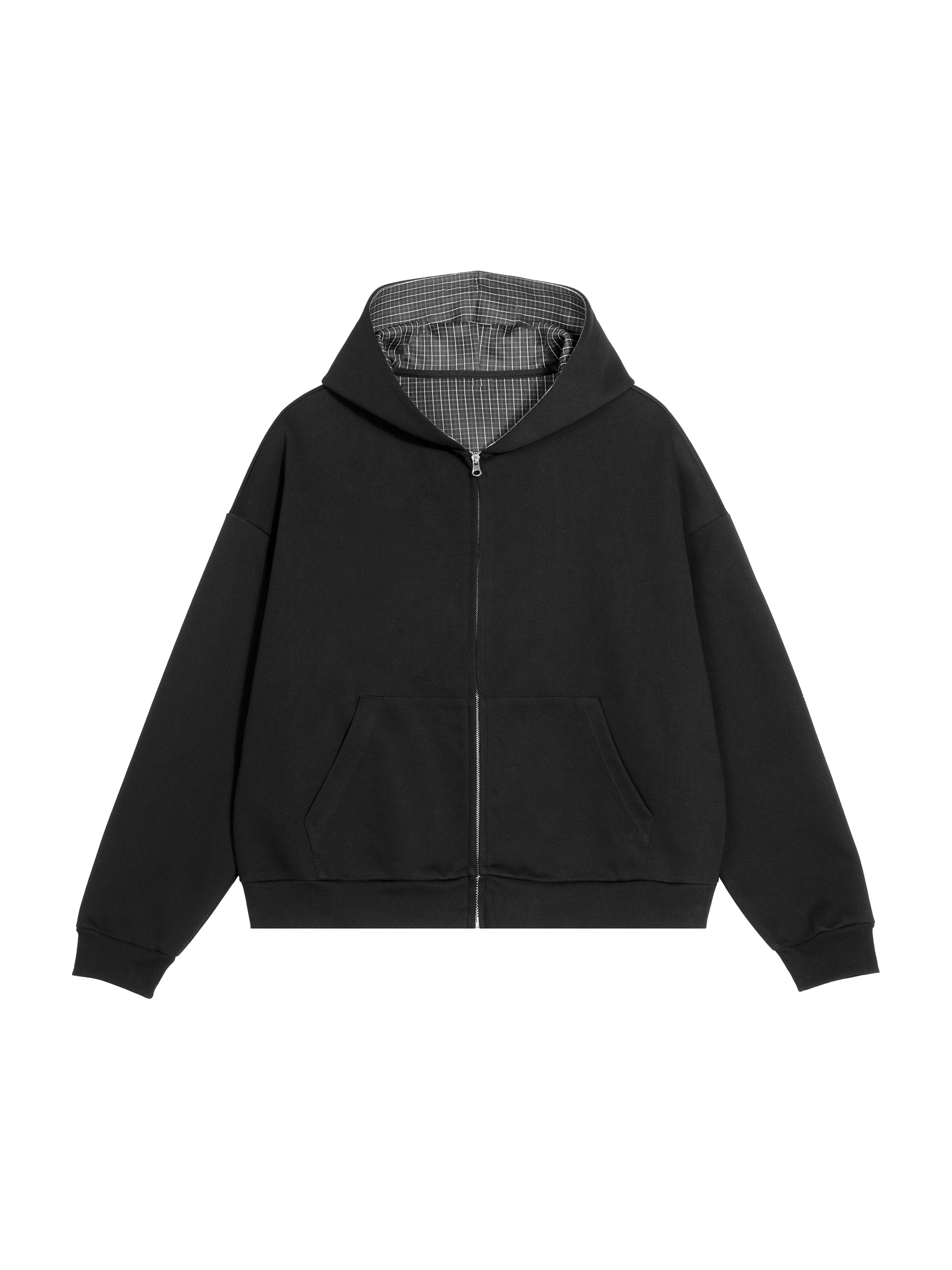 Contrast Plaid Boxy Zip Hoodie