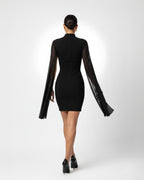Black dress with sheer sleeves worn by a model on a white background