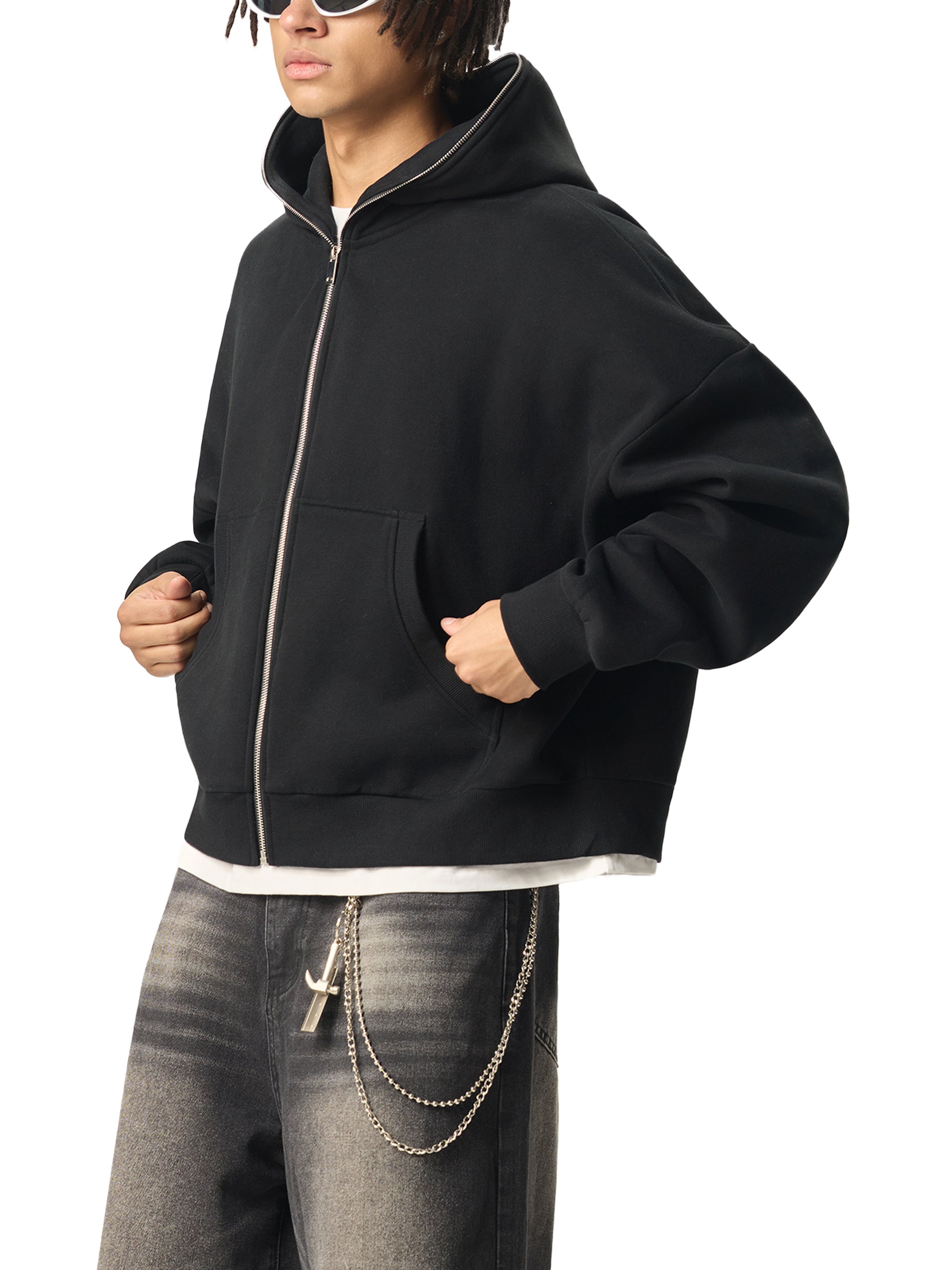 Fleeced Full-Zip Boxy Hoodie