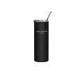 Black tumbler with a straw on a white background