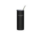 Black tumbler with a straw on a white background