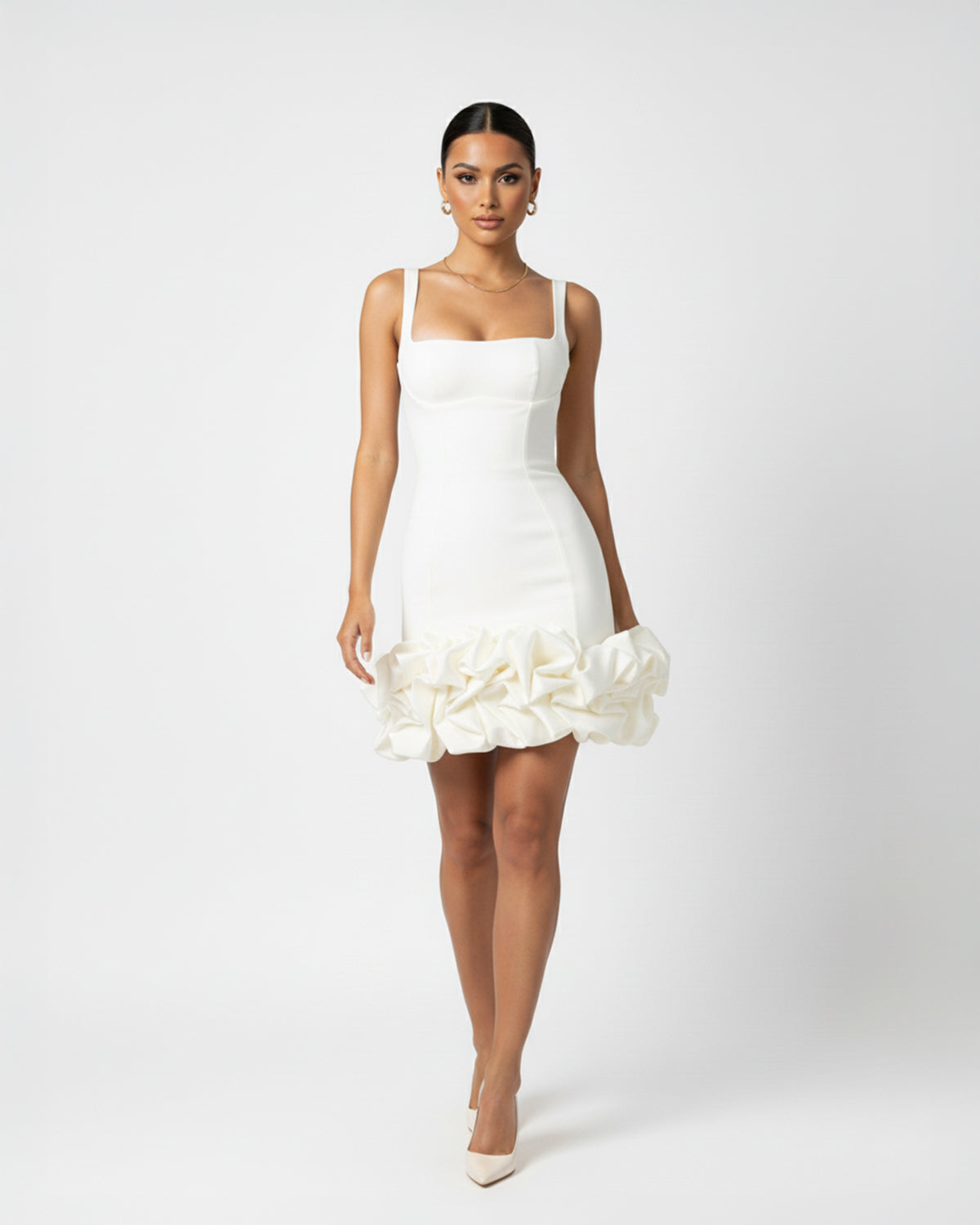 Ruched Square Neck Sleeve Mini Dress