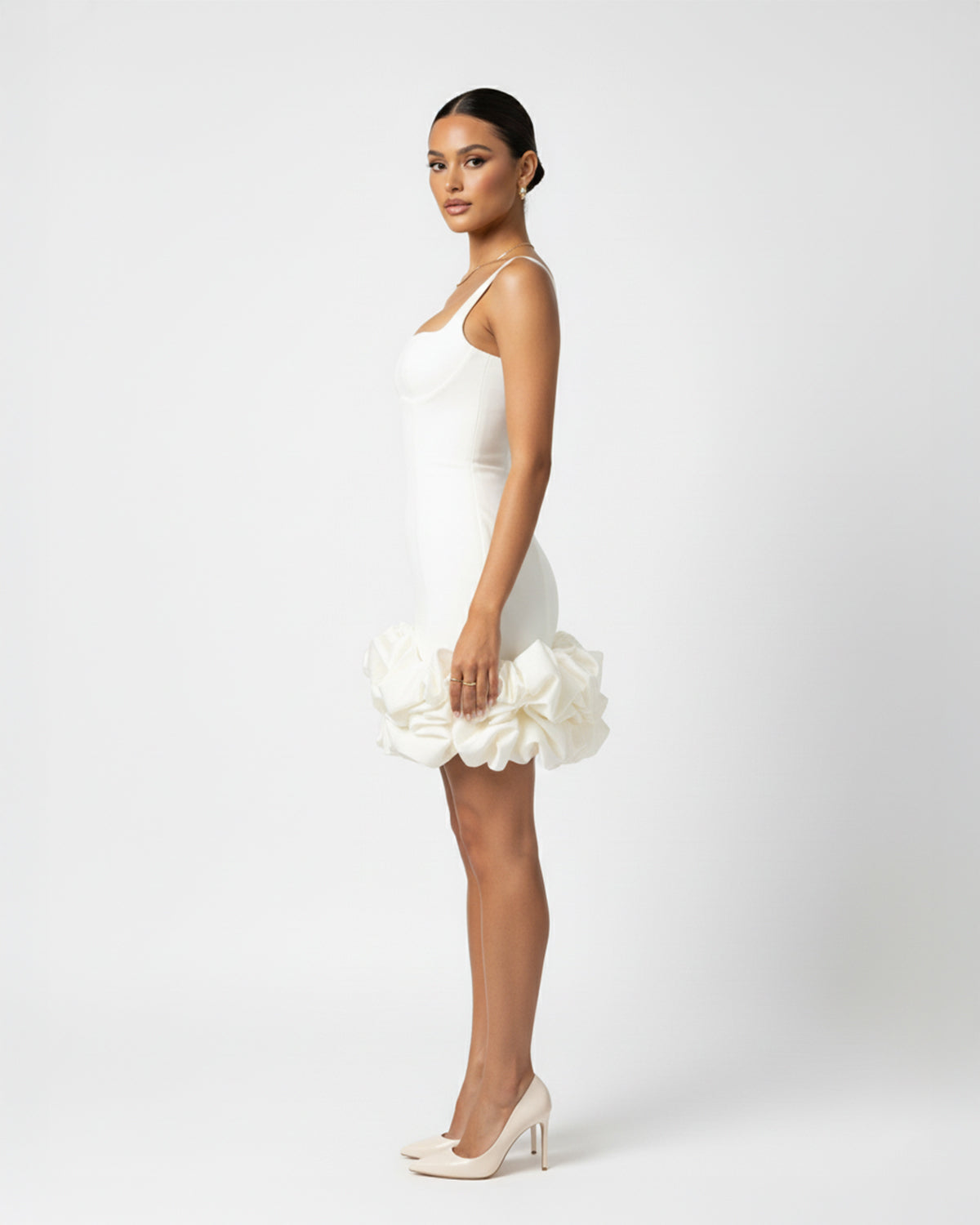 Ruched Square Neck Sleeve Mini Dress