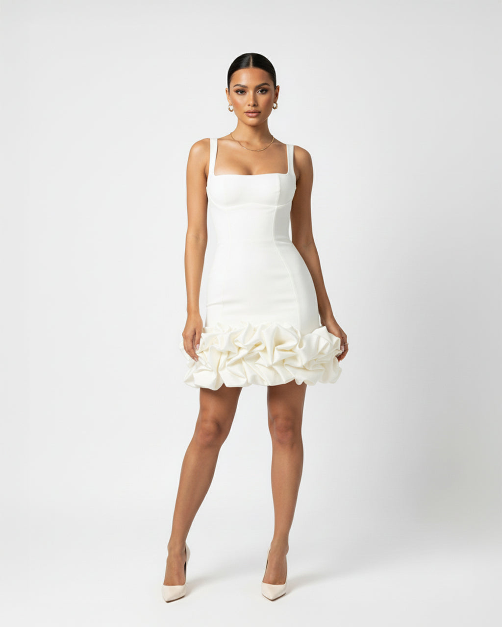 Ruched Square Neck Sleeve Mini Dress