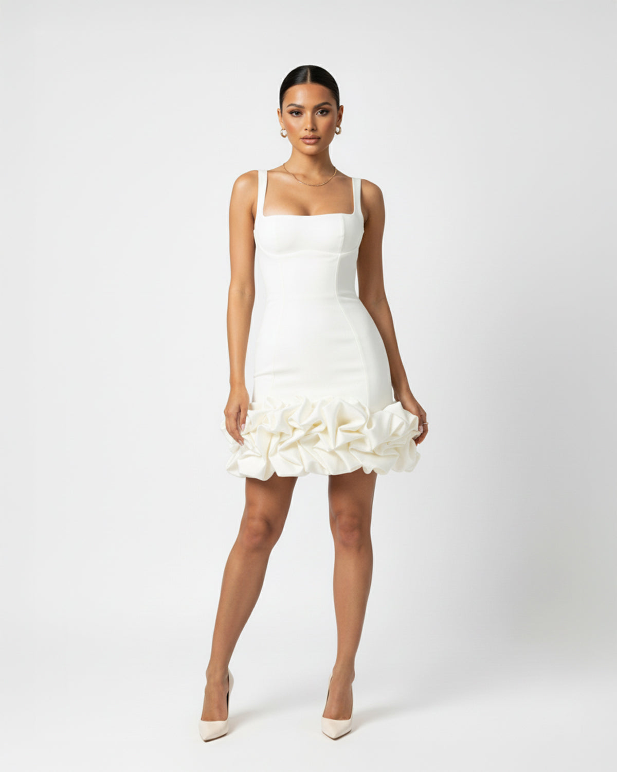 Ruched Square Neck Sleeve Mini Dress