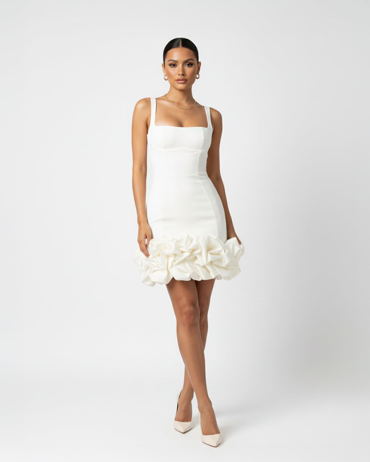 Ruched Square Neck Sleeve Mini Dress