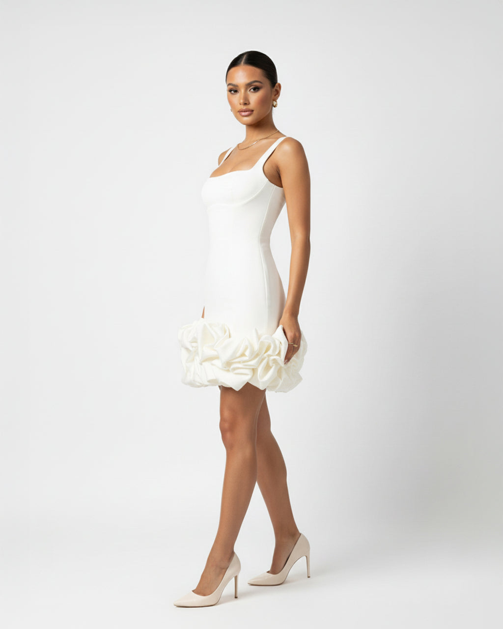 Ruched Square Neck Sleeve Mini Dress