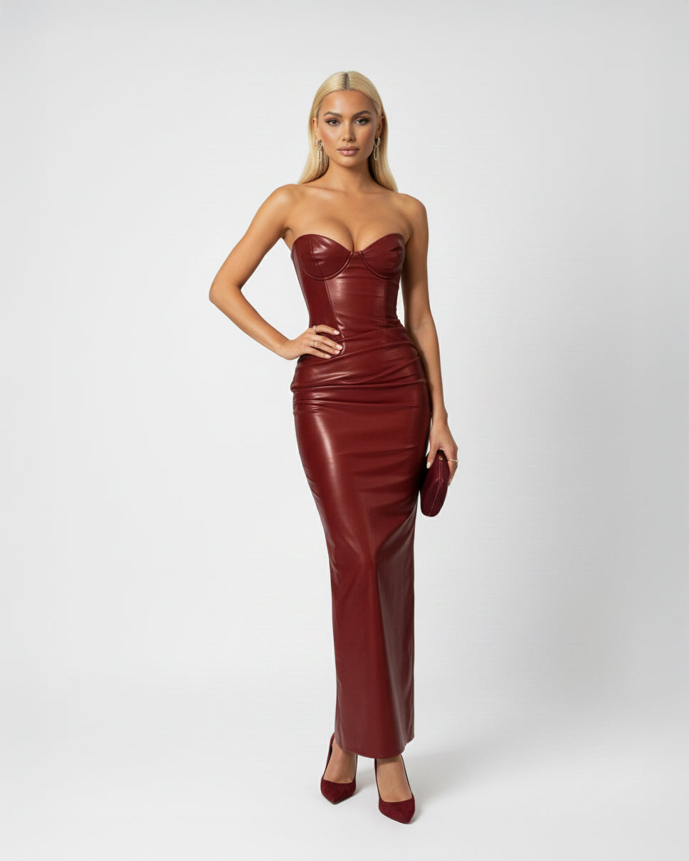 Slit Tube Leather Bodycon Maxi Dress