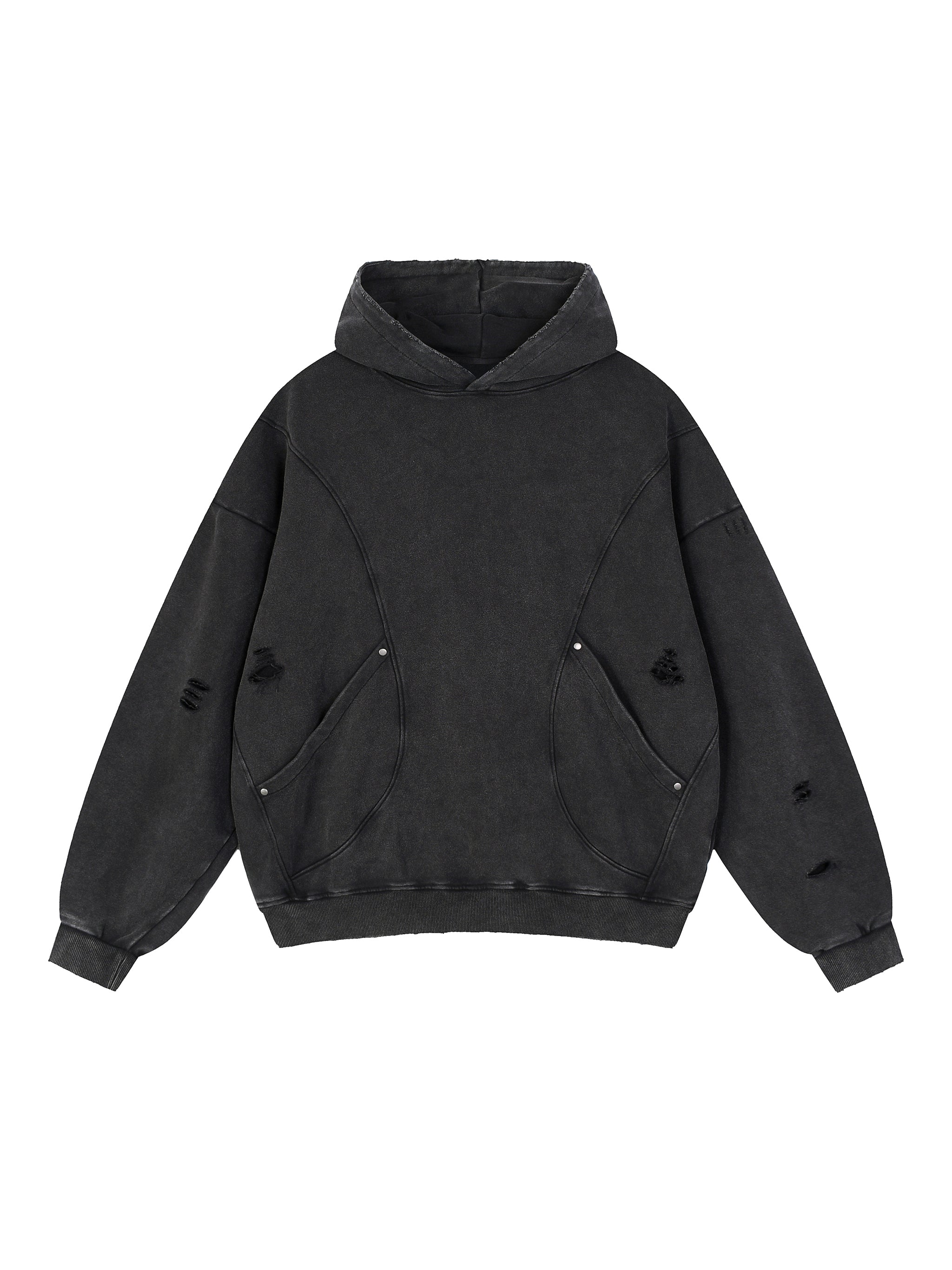 Snow Washed Distressed Panel Pocket Hoodie