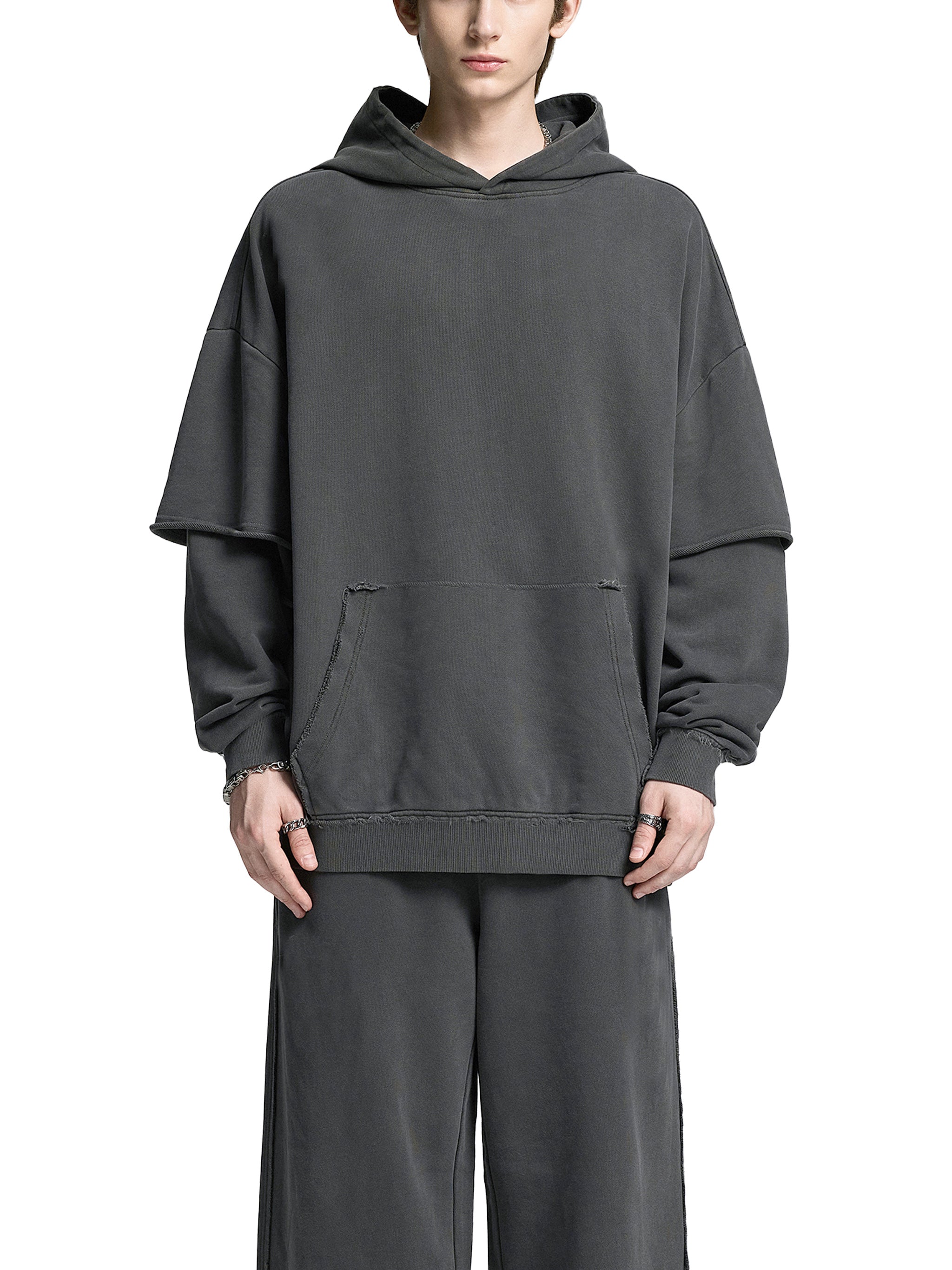 Snow Washed Raw Edge Double Layered Hoodie