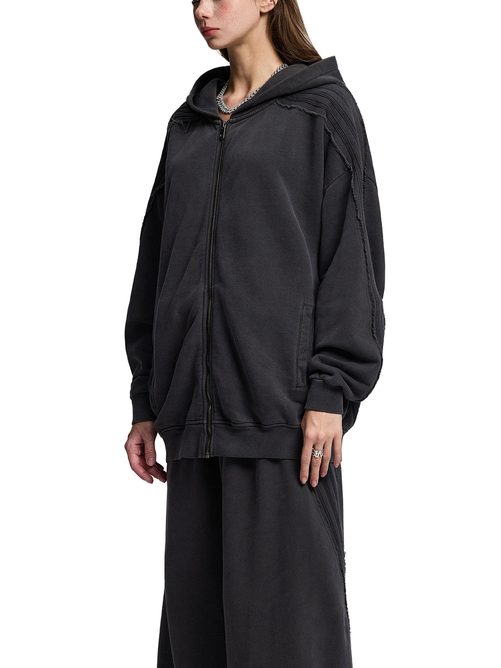 Snow Washed Tape Raw Edge Zip Hoodie - Women