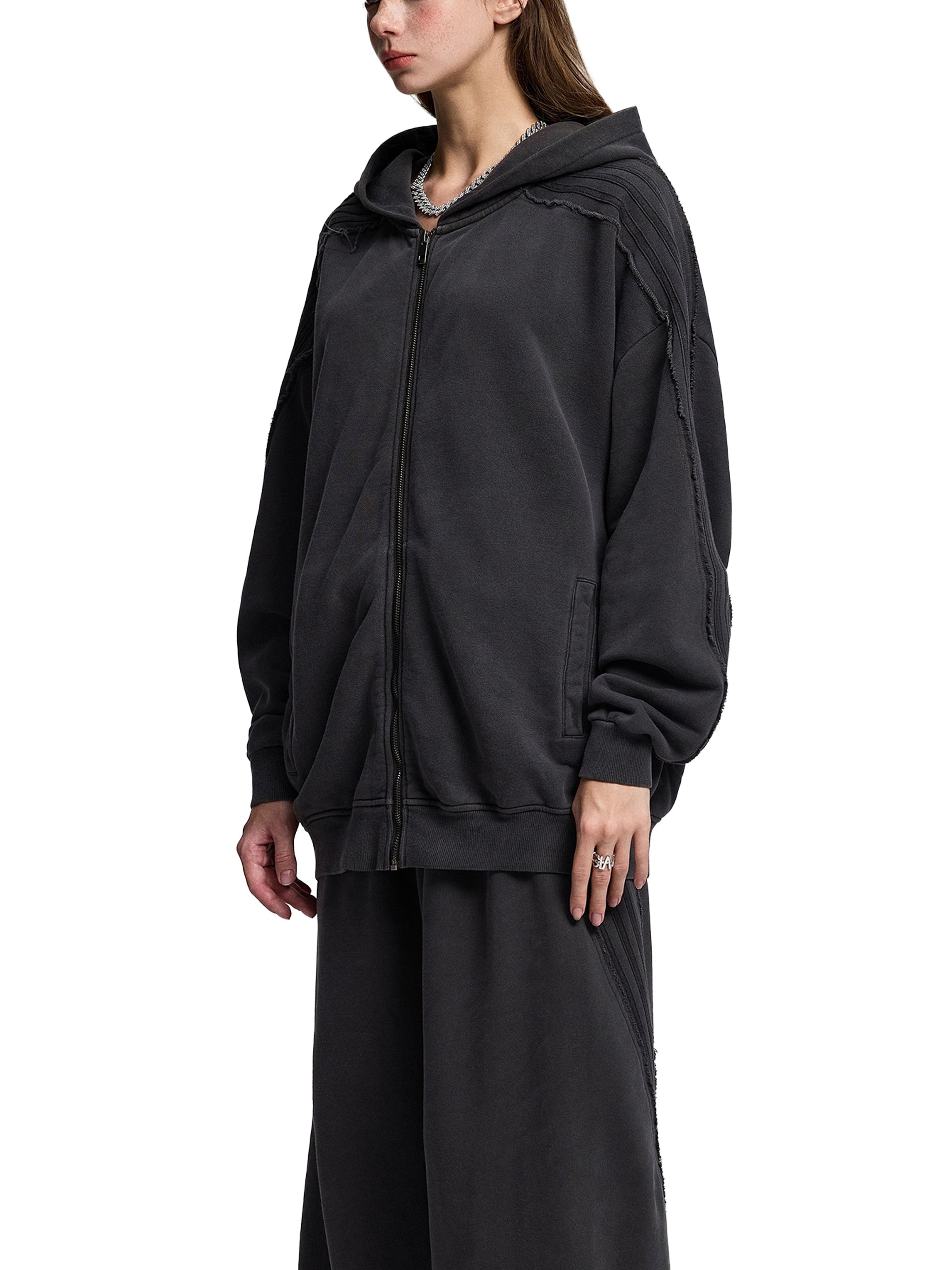 Snow Washed Tape Raw Edge Zip Hoodie - Women