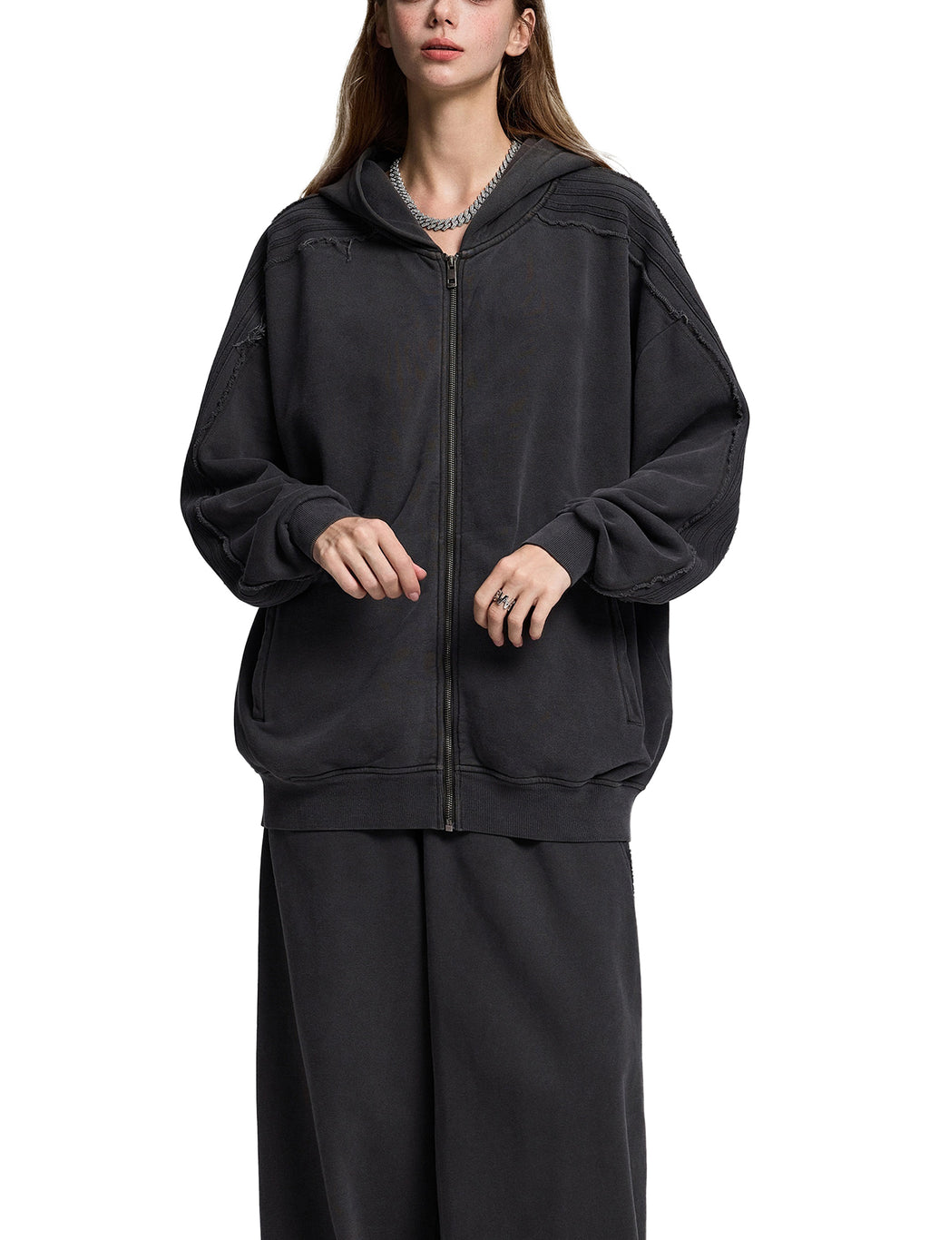 Snow Washed Tape Raw Edge Zip Hoodie - Women
