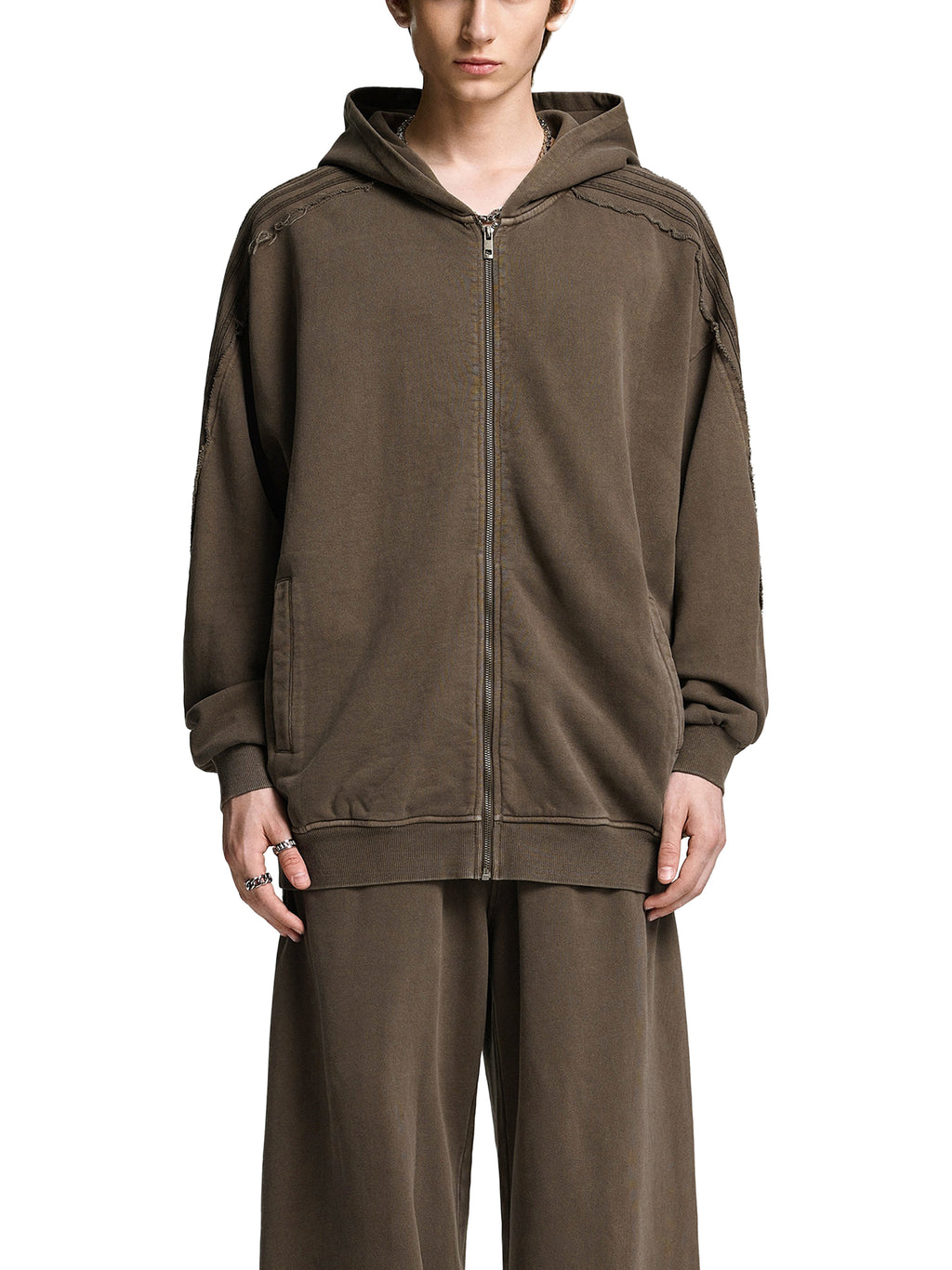 Snow Washed Tape Raw Edge Zip Hoodie - Men