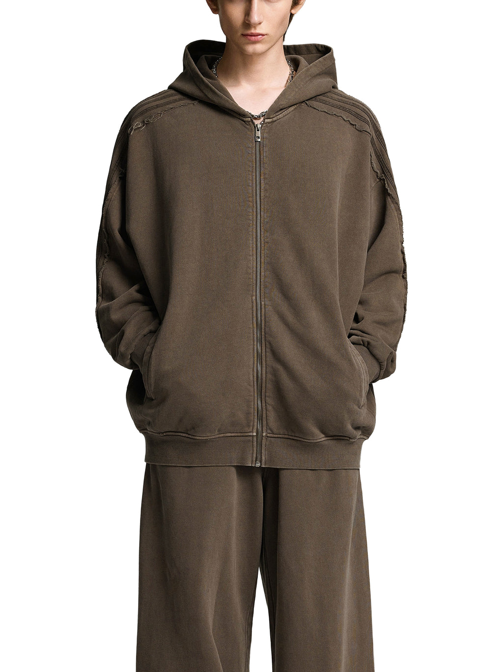 Snow Washed Tape Raw Edge Zip Hoodie - Men