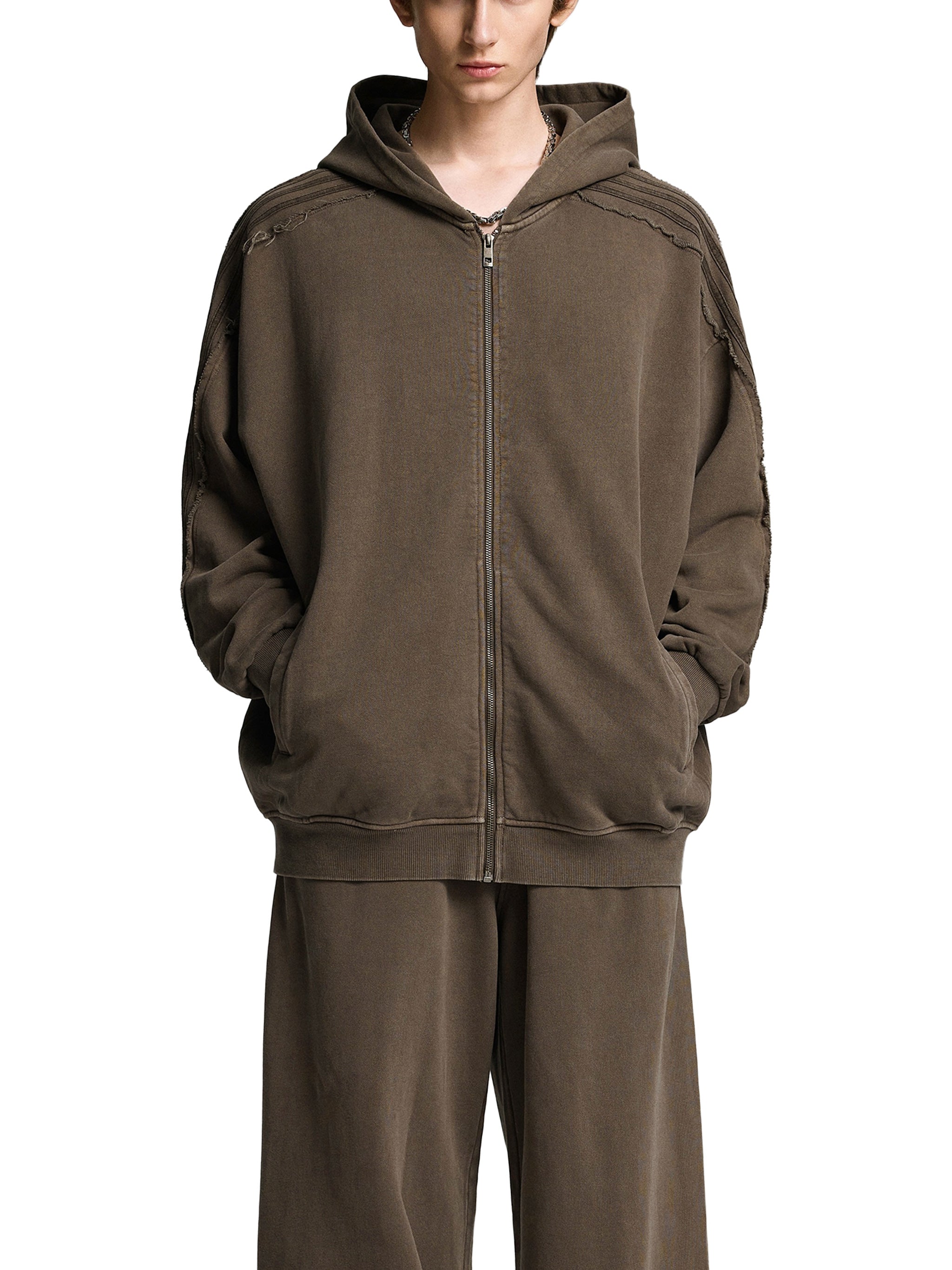 Snow Washed Tape Raw Edge Zip Hoodie - Men