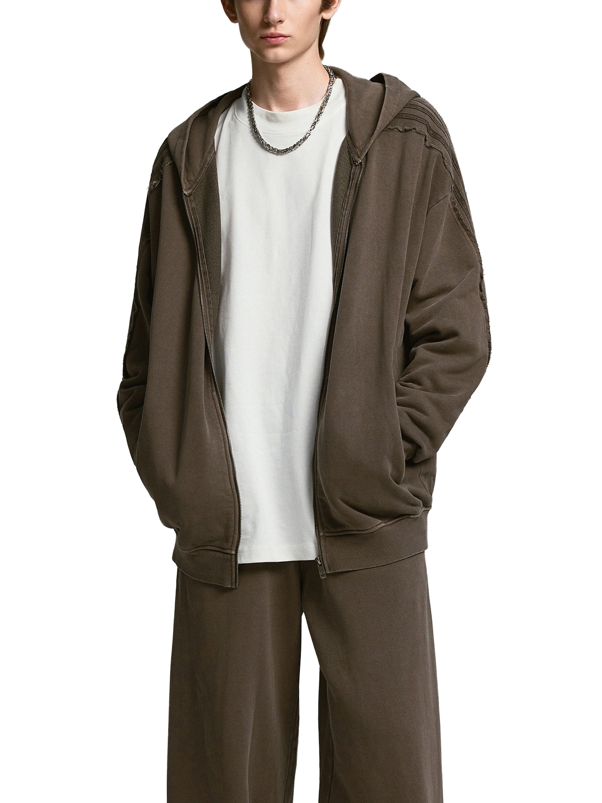 Snow Washed Tape Raw Edge Zip Hoodie - Men