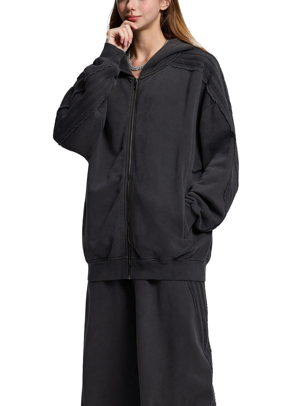 Snow Washed Tape Raw Edge Zip Hoodie - Women