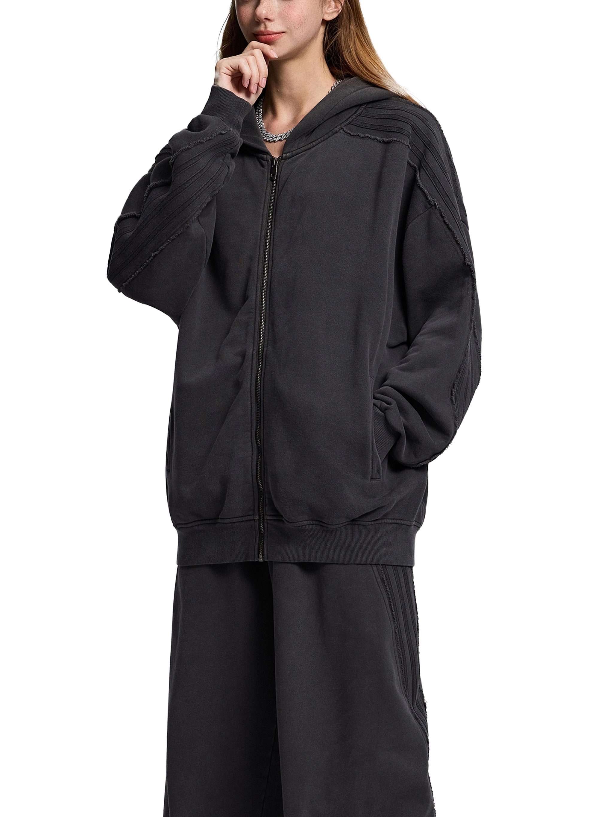 Snow Washed Tape Raw Edge Zip Hoodie - Women
