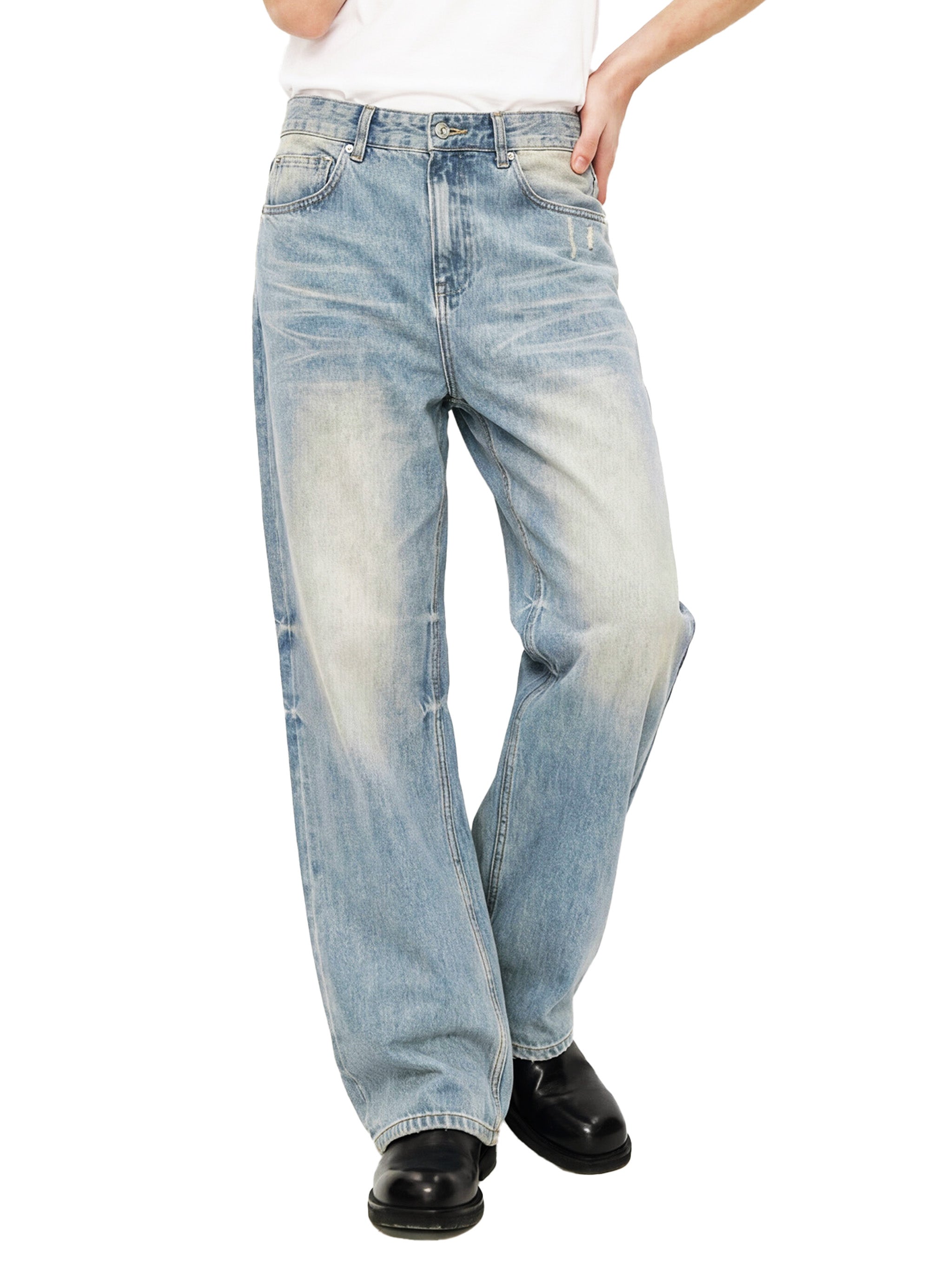 Sun Fade Raw Hem Denim Jeans